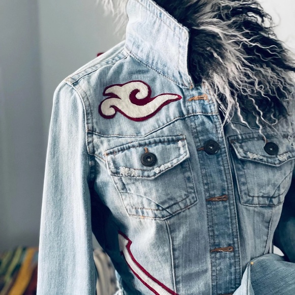 Chic Upcycled Denim Jacket with Mongolian Lamb Fur Collar and Cuffs with Cowhide - Picture 6 of 14